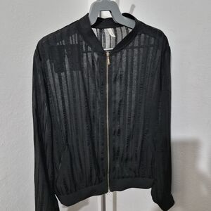 glam Black Sheer-Stripe Bomber Jacket with Gold Zip